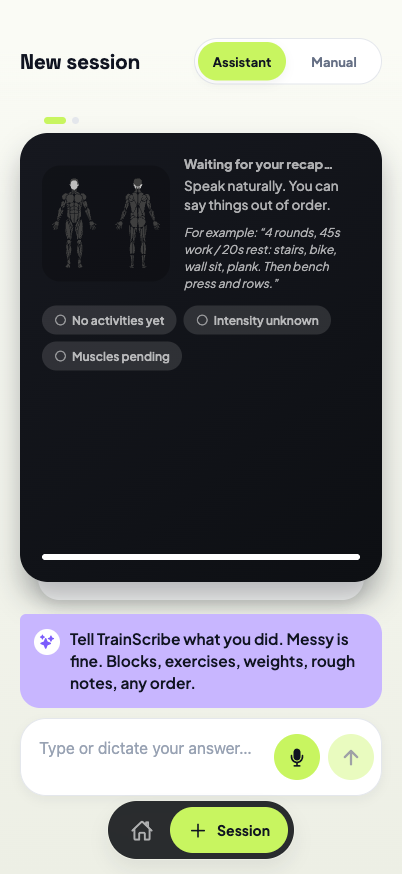 The new session screen, waiting for a spoken or typed recap